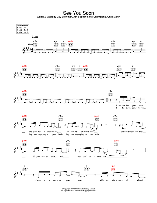 Preview Coldplay See You Soon Pop sheet music, notes and chords for Melody Line, Lyrics & Chords, SKU: 31641 sheet music, piano notes, chords, guitar tabs, score, transpose, transcribe, how to play, guide, download, learn, tutorial, progression, song, artist, awards, billboard, mtv, vh1, tour, single, album, release