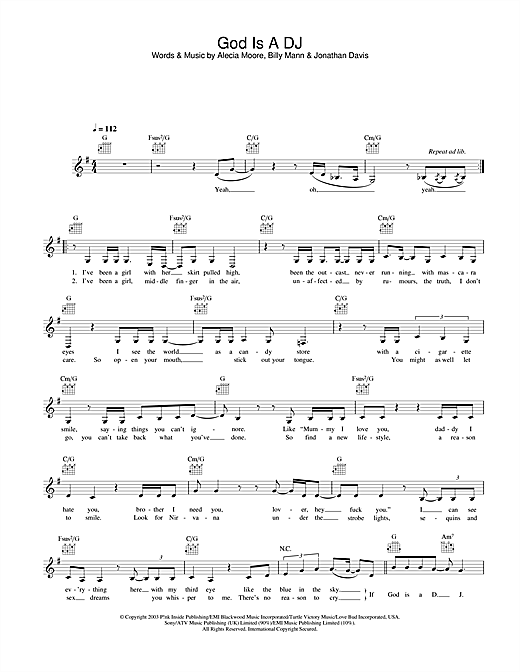 Preview Pink God Is A DJ Pop sheet music, notes and chords for Melody Line, Lyrics & Chords, SKU: 31642 sheet music, piano notes, chords, guitar tabs, score, transpose, transcribe, how to play, guide, download, learn, tutorial, progression, song, artist, awards, billboard, mtv, vh1, tour, single, album, release
