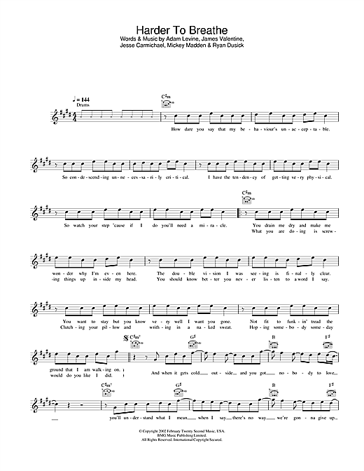 Preview Maroon 5 Harder To Breathe Pop sheet music, notes and chords for Melody Line, Lyrics & Chords, SKU: 31643 sheet music, piano notes, chords, guitar tabs, score, transpose, transcribe, how to play, guide, download, learn, tutorial, progression, song, artist, awards, billboard, mtv, vh1, tour, single, album, release