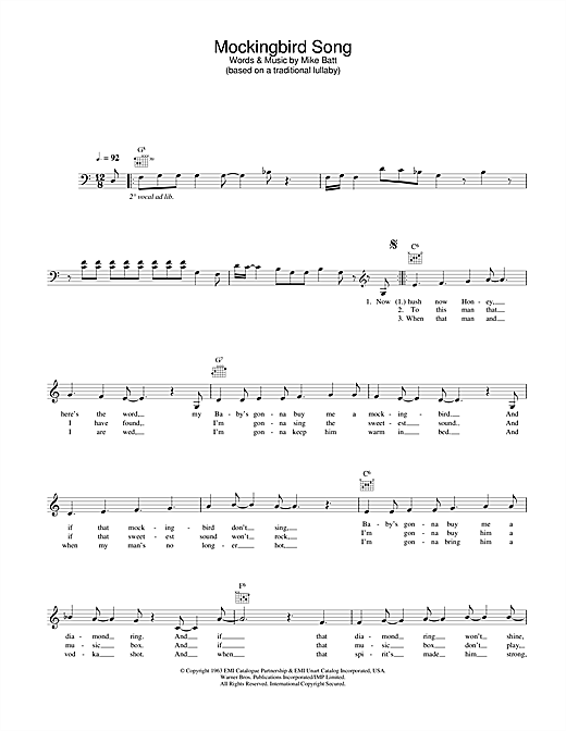 Preview Katie Melua Mockingbird Song Pop sheet music, notes and chords for Melody Line, Lyrics & Chords, SKU: 31645 sheet music, piano notes, chords, guitar tabs, score, transpose, transcribe, how to play, guide, download, learn, tutorial, progression, song, artist, awards, billboard, mtv, vh1, tour, single, album, release