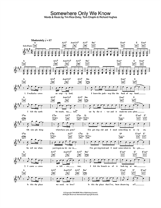 Preview Keane Somewhere Only We Know Rock sheet music, notes and chords for Melody Line, Lyrics & Chords, SKU: 31650 sheet music, piano notes, chords, guitar tabs, score, transpose, transcribe, how to play, guide, download, learn, tutorial, progression, song, artist, awards, billboard, mtv, vh1, tour, single, album, release