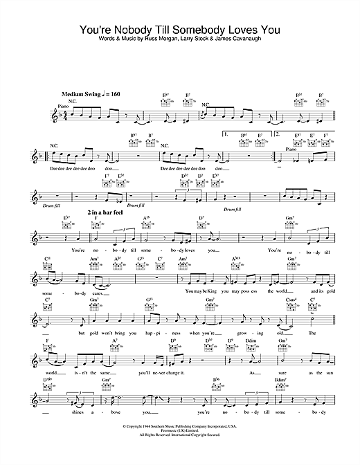 Preview Jamie Cullum You're Nobody Till Somebody Loves You Jazz sheet music, notes and chords for Melody Line, Lyrics & Chords, SKU: 31653 sheet music, piano notes, chords, guitar tabs, score, transpose, transcribe, how to play, guide, download, learn, tutorial, progression, song, artist, awards, billboard, mtv, vh1, tour, single, album, release