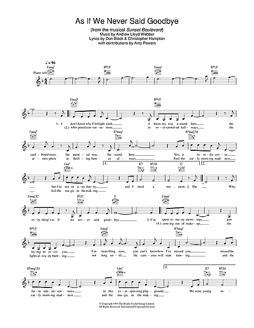 Preview Andrew Lloyd Webber As If We Never Said Goodbye (from Sunset Boulevard) Musicals sheet music, notes and chords for Melody Line, Lyrics & Chords, SKU: 31654 sheet music, piano notes, chords, guitar tabs, score, transpose, transcribe, how to play, guide, download, learn, tutorial, progression, song, artist, awards, billboard, mtv, vh1, tour, single, album, release