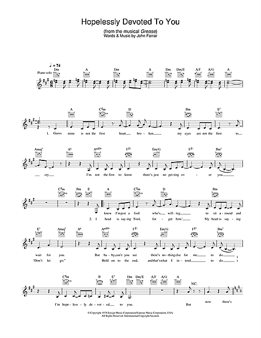Preview Olivia Newton-John Hopelessly Devoted To You (from Grease) Pop sheet music, notes and chords for Melody Line, Lyrics & Chords, SKU: 31655 sheet music, piano notes, chords, guitar tabs, score, transpose, transcribe, how to play, guide, download, learn, tutorial, progression, song, artist, awards, billboard, mtv, vh1, tour, single, album, release
