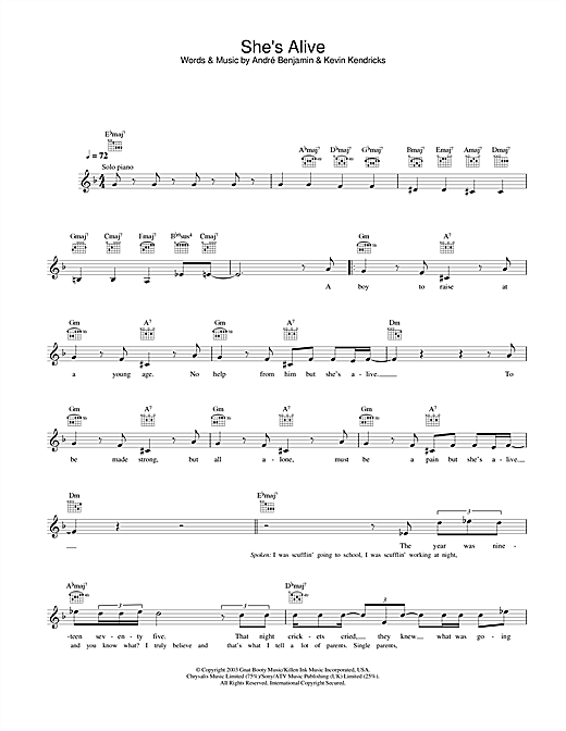 Preview OutKast She's Alive R & B sheet music, notes and chords for Melody Line, Lyrics & Chords, SKU: 31656 sheet music, piano notes, chords, guitar tabs, score, transpose, transcribe, how to play, guide, download, learn, tutorial, progression, song, artist, awards, billboard, mtv, vh1, tour, single, album, release
