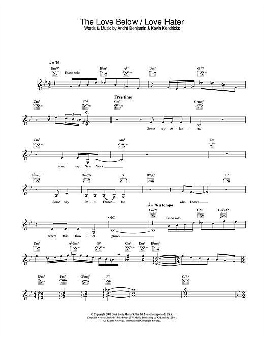 Preview OutKast The Love Below / Love Hater R & B sheet music, notes and chords for Melody Line, Lyrics & Chords, SKU: 31658 sheet music, piano notes, chords, guitar tabs, score, transpose, transcribe, how to play, guide, download, learn, tutorial, progression, song, artist, awards, billboard, mtv, vh1, tour, single, album, release