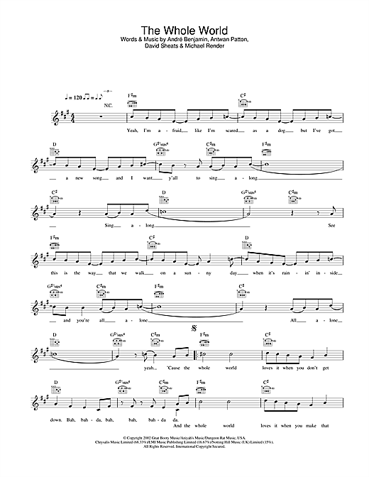 Preview OutKast The Whole World R & B sheet music, notes and chords for Melody Line, Lyrics & Chords, SKU: 31660 sheet music, piano notes, chords, guitar tabs, score, transpose, transcribe, how to play, guide, download, learn, tutorial, progression, song, artist, awards, billboard, mtv, vh1, tour, single, album, release