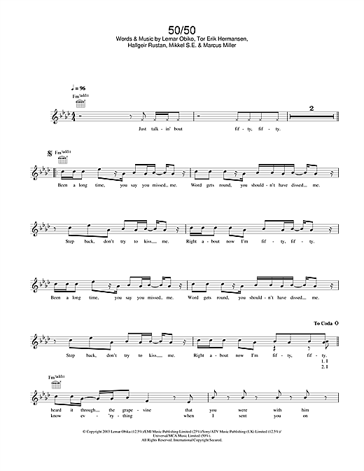 Preview Lemar 50/50 R & B sheet music, notes and chords for Melody Line, Lyrics & Chords, SKU: 31661 sheet music, piano notes, chords, guitar tabs, score, transpose, transcribe, how to play, guide, download, learn, tutorial, progression, song, artist, awards, billboard, mtv, vh1, tour, single, album, release