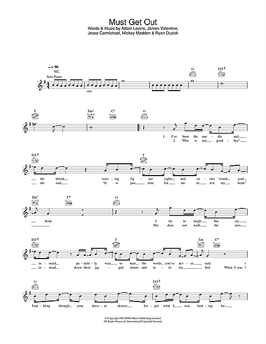 Preview Maroon 5 Must Get Out Pop sheet music, notes and chords for Melody Line, Lyrics & Chords, SKU: 31663 sheet music, piano notes, chords, guitar tabs, score, transpose, transcribe, how to play, guide, download, learn, tutorial, progression, song, artist, awards, billboard, mtv, vh1, tour, single, album, release
