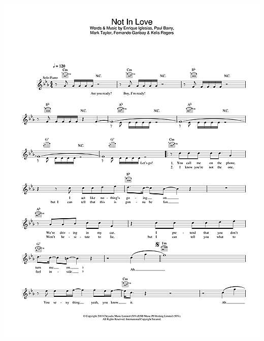 Preview Enrique Iglesias Not In Love Easy Listening sheet music, notes and chords for Melody Line, Lyrics & Chords, SKU: 31665 sheet music, piano notes, chords, guitar tabs, score, transpose, transcribe, how to play, guide, download, learn, tutorial, progression, song, artist, awards, billboard, mtv, vh1, tour, single, album, release