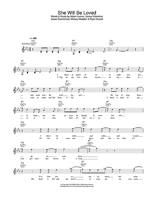 Preview Maroon 5 She Will Be Loved Pop sheet music, notes and chords for Melody Line, Lyrics & Chords, SKU: 31666 sheet music, piano notes, chords, guitar tabs, score, transpose, transcribe, how to play, guide, download, learn, tutorial, progression, song, artist, awards, billboard, mtv, vh1, tour, single, album, release