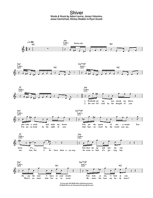 Preview Maroon 5 Shiver Pop sheet music, notes and chords for Melody Line, Lyrics & Chords, SKU: 31667 sheet music, piano notes, chords, guitar tabs, score, transpose, transcribe, how to play, guide, download, learn, tutorial, progression, song, artist, awards, billboard, mtv, vh1, tour, single, album, release