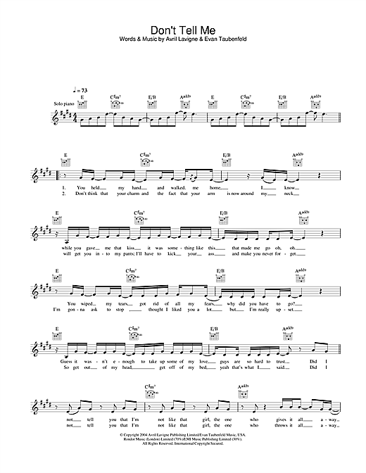 Preview Avril Lavigne Don't Tell Me Pop sheet music, notes and chords for Melody Line, Lyrics & Chords, SKU: 31671 sheet music, piano notes, chords, guitar tabs, score, transpose, transcribe, how to play, guide, download, learn, tutorial, progression, song, artist, awards, billboard, mtv, vh1, tour, single, album, release