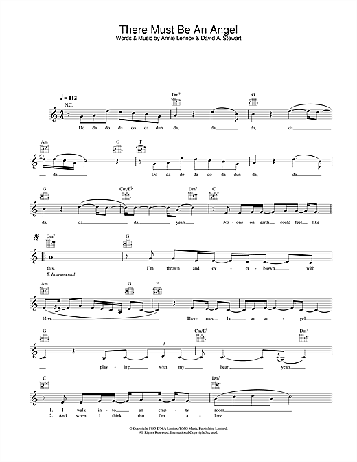 Preview Eurythmics There Must Be An Angel (Playing With My Heart) Pop sheet music, notes and chords for Melody Line, Lyrics & Chords, SKU: 31673 sheet music, piano notes, chords, guitar tabs, score, transpose, transcribe, how to play, guide, download, learn, tutorial, progression, song, artist, awards, billboard, mtv, vh1, tour, single, album, release