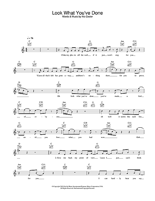 Preview Jet Look What You've Done Pop sheet music, notes and chords for Melody Line, Lyrics & Chords, SKU: 31677 sheet music, piano notes, chords, guitar tabs, score, transpose, transcribe, how to play, guide, download, learn, tutorial, progression, song, artist, awards, billboard, mtv, vh1, tour, single, album, release