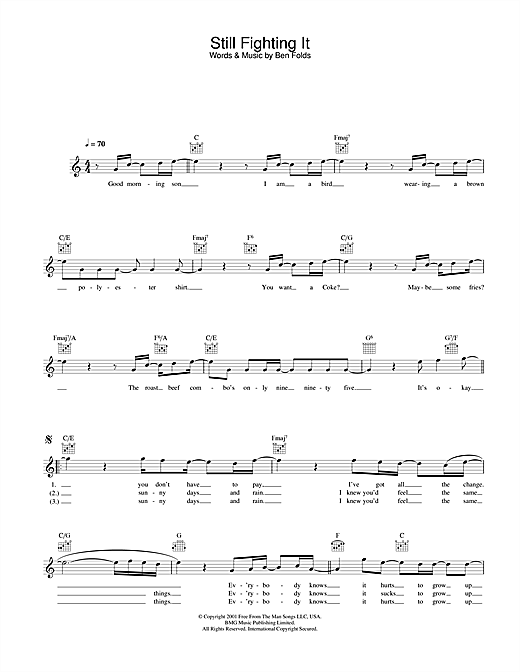 Preview Ben Folds Still Fighting It Pop sheet music, notes and chords for Melody Line, Lyrics & Chords, SKU: 31678 sheet music, piano notes, chords, guitar tabs, score, transpose, transcribe, how to play, guide, download, learn, tutorial, progression, song, artist, awards, billboard, mtv, vh1, tour, single, album, release