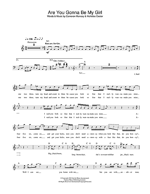 Preview Jet Are You Gonna Be My Girl Pop sheet music, notes and chords for Melody Line, Lyrics & Chords, SKU: 31681 sheet music, piano notes, chords, guitar tabs, score, transpose, transcribe, how to play, guide, download, learn, tutorial, progression, song, artist, awards, billboard, mtv, vh1, tour, single, album, release