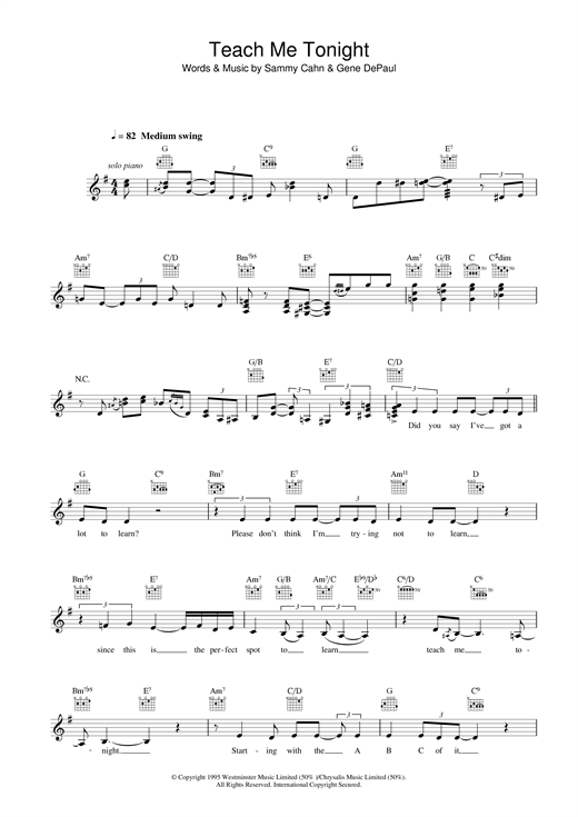 Preview Clare Teal Teach Me Tonight Jazz sheet music, notes and chords for Melody Line, Lyrics & Chords, SKU: 31684 sheet music, piano notes, chords, guitar tabs, score, transpose, transcribe, how to play, guide, download, learn, tutorial, progression, song, artist, awards, billboard, mtv, vh1, tour, single, album, release
