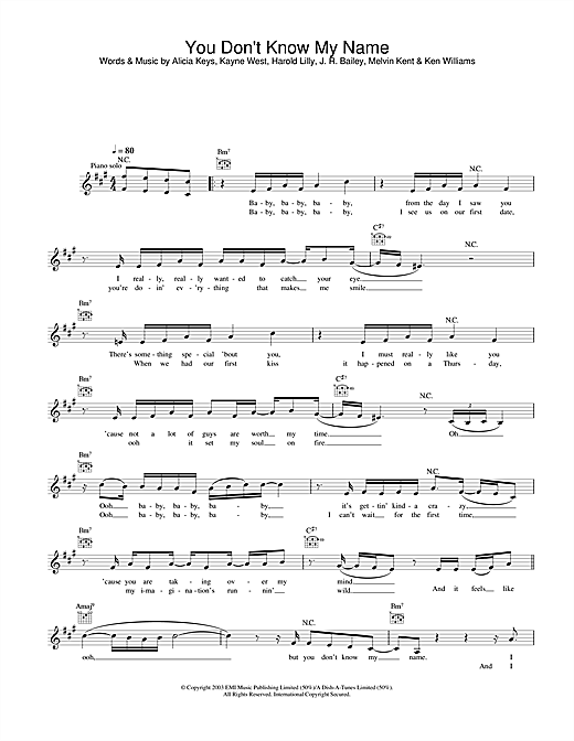 Preview Alicia Keys You Don't Know My Name R & B sheet music, notes and chords for Melody Line, Lyrics & Chords, SKU: 31687 sheet music, piano notes, chords, guitar tabs, score, transpose, transcribe, how to play, guide, download, learn, tutorial, progression, song, artist, awards, billboard, mtv, vh1, tour, single, album, release
