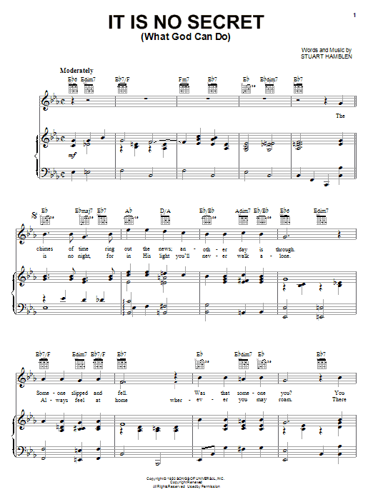 Preview Elvis Presley It Is No Secret (What God Can Do) Religious sheet music, notes and chords for Piano, Vocal & Guitar (Right-Hand Melody), SKU: 31709 sheet music, piano notes, chords, guitar tabs, score, transpose, transcribe, how to play, guide, download, learn, tutorial, progression, song, artist, awards, billboard, mtv, vh1, tour, single, album, release