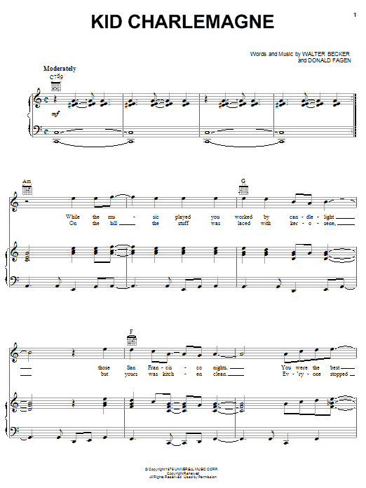 Preview Steely Dan Kid Charlemagne Pop sheet music, notes and chords for Piano, Vocal & Guitar (Right-Hand Melody), SKU: 31710 sheet music, piano notes, chords, guitar tabs, score, transpose, transcribe, how to play, guide, download, learn, tutorial, progression, song, artist, awards, billboard, mtv, vh1, tour, single, album, release