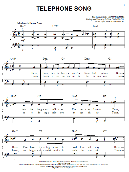 Preview Norman Gimbel Telephone Song Pop sheet music, notes and chords for Easy Piano, SKU: 31712 sheet music, piano notes, chords, guitar tabs, score, transpose, transcribe, how to play, guide, download, learn, tutorial, progression, song, artist, awards, billboard, mtv, vh1, tour, single, album, release