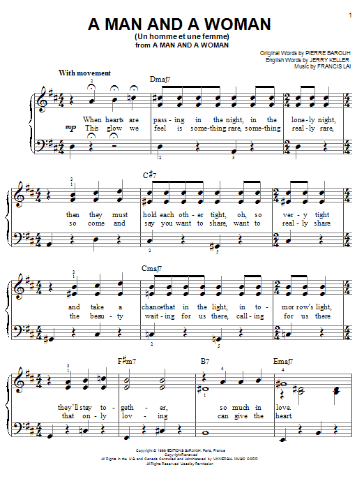 Preview Francis Lai A Man And A Woman (Un Homme Et Une Femme) Jazz sheet music, notes and chords for Easy Piano, SKU: 31715 sheet music, piano notes, chords, guitar tabs, score, transpose, transcribe, how to play, guide, download, learn, tutorial, progression, song, artist, awards, billboard, mtv, vh1, tour, single, album, release