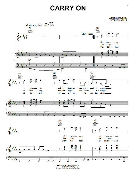 Preview Crosby, Stills & Nash Carry On Pop sheet music, notes and chords for Piano, Vocal & Guitar (Right-Hand Melody), SKU: 31718 sheet music, piano notes, chords, guitar tabs, score, transpose, transcribe, how to play, guide, download, learn, tutorial, progression, song, artist, awards, billboard, mtv, vh1, tour, single, album, release