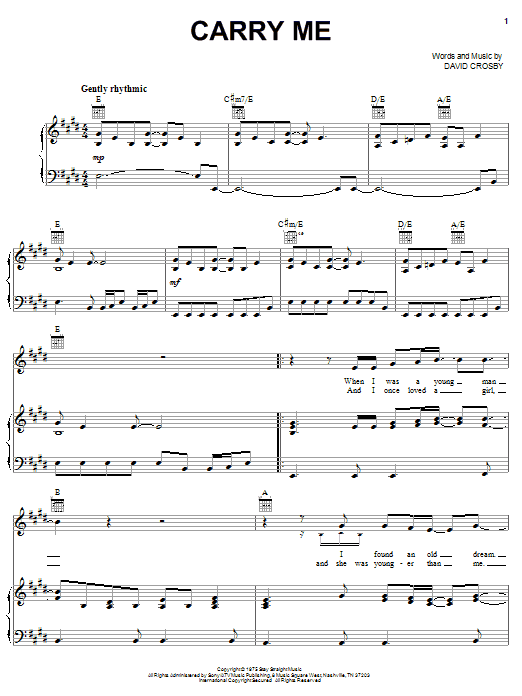Preview Crosby, Stills & Nash Carry Me Pop sheet music, notes and chords for Piano, Vocal & Guitar (Right-Hand Melody), SKU: 31719 sheet music, piano notes, chords, guitar tabs, score, transpose, transcribe, how to play, guide, download, learn, tutorial, progression, song, artist, awards, billboard, mtv, vh1, tour, single, album, release