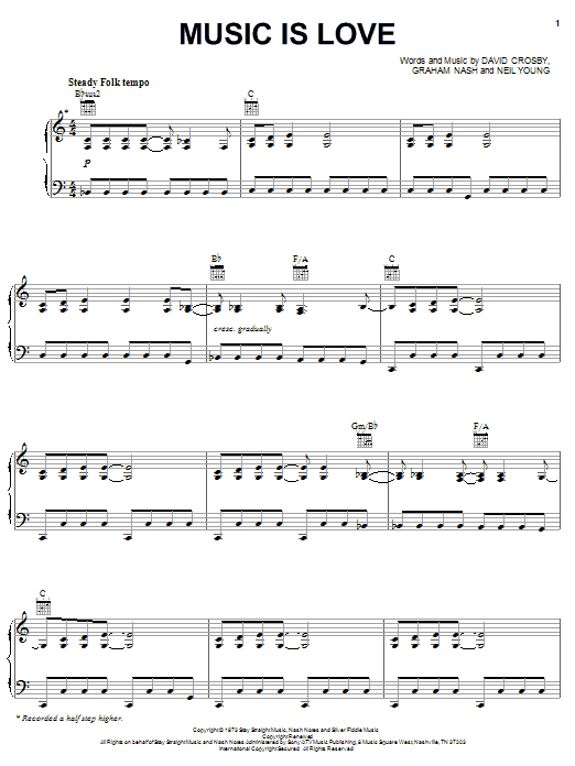 Preview Crosby, Stills & Nash Music Is Love Pop sheet music, notes and chords for Piano, Vocal & Guitar (Right-Hand Melody), SKU: 31724 sheet music, piano notes, chords, guitar tabs, score, transpose, transcribe, how to play, guide, download, learn, tutorial, progression, song, artist, awards, billboard, mtv, vh1, tour, single, album, release