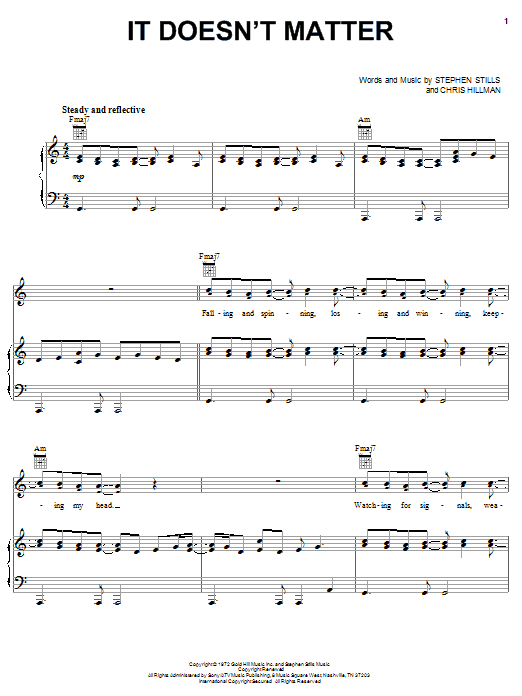 Preview Crosby, Stills & Nash It Doesn't Matter Pop sheet music, notes and chords for Piano, Vocal & Guitar (Right-Hand Melody), SKU: 31730 sheet music, piano notes, chords, guitar tabs, score, transpose, transcribe, how to play, guide, download, learn, tutorial, progression, song, artist, awards, billboard, mtv, vh1, tour, single, album, release