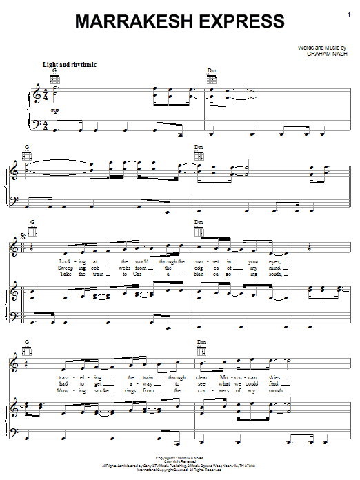 Preview Crosby, Stills & Nash Marrakesh Express Pop sheet music, notes and chords for Piano, Vocal & Guitar (Right-Hand Melody), SKU: 31731 sheet music, piano notes, chords, guitar tabs, score, transpose, transcribe, how to play, guide, download, learn, tutorial, progression, song, artist, awards, billboard, mtv, vh1, tour, single, album, release