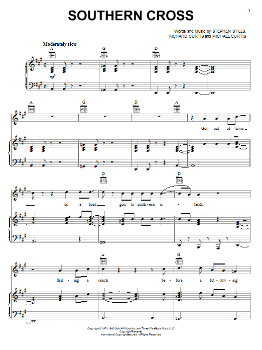 Preview Crosby, Stills & Nash Southern Cross Pop sheet music, notes and chords for Piano, Vocal & Guitar (Right-Hand Melody), SKU: 31732 sheet music, piano notes, chords, guitar tabs, score, transpose, transcribe, how to play, guide, download, learn, tutorial, progression, song, artist, awards, billboard, mtv, vh1, tour, single, album, release
