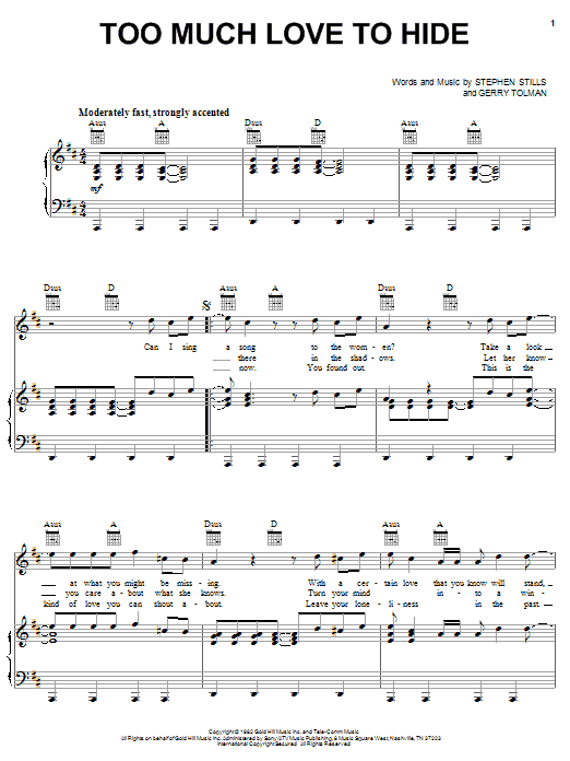 Preview Crosby, Stills & Nash Too Much Love To Hide Pop sheet music, notes and chords for Piano, Vocal & Guitar (Right-Hand Melody), SKU: 31733 sheet music, piano notes, chords, guitar tabs, score, transpose, transcribe, how to play, guide, download, learn, tutorial, progression, song, artist, awards, billboard, mtv, vh1, tour, single, album, release