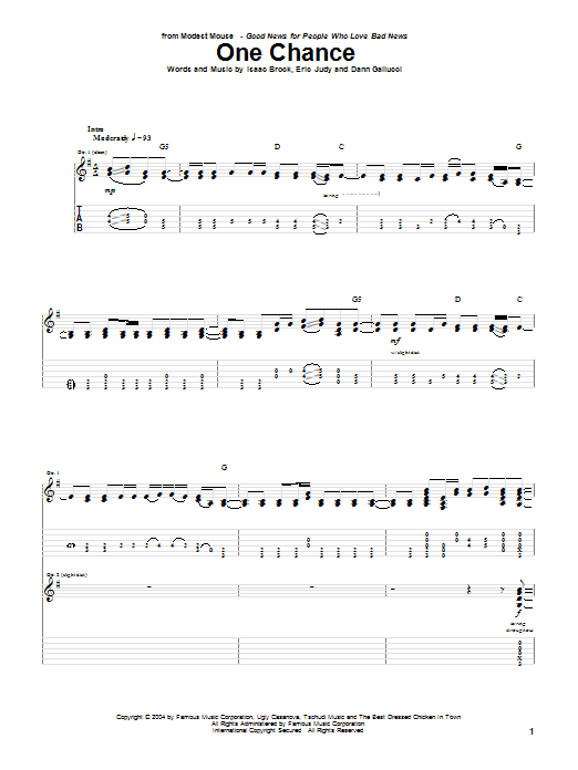 Preview Modest Mouse One Chance Rock sheet music, notes and chords for Guitar Tab, SKU: 31745 sheet music, piano notes, chords, guitar tabs, score, transpose, transcribe, how to play, guide, download, learn, tutorial, progression, song, artist, awards, billboard, mtv, vh1, tour, single, album, release