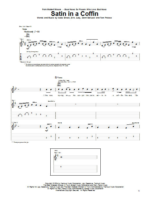 Preview Modest Mouse Satin In A Coffin Rock sheet music, notes and chords for Guitar Tab, SKU: 31746 sheet music, piano notes, chords, guitar tabs, score, transpose, transcribe, how to play, guide, download, learn, tutorial, progression, song, artist, awards, billboard, mtv, vh1, tour, single, album, release