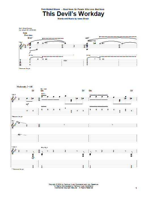 Preview Modest Mouse This Devil's Workday Rock sheet music, notes and chords for Guitar Tab, SKU: 31747 sheet music, piano notes, chords, guitar tabs, score, transpose, transcribe, how to play, guide, download, learn, tutorial, progression, song, artist, awards, billboard, mtv, vh1, tour, single, album, release