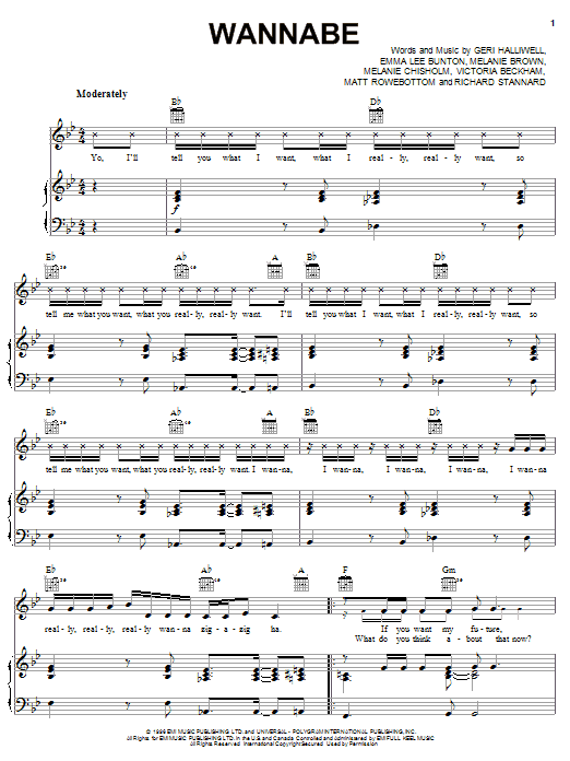 Preview The Spice Girls Wannabe Pop sheet music, notes and chords for Piano, Vocal & Guitar (Right-Hand Melody), SKU: 31750 sheet music, piano notes, chords, guitar tabs, score, transpose, transcribe, how to play, guide, download, learn, tutorial, progression, song, artist, awards, billboard, mtv, vh1, tour, single, album, release