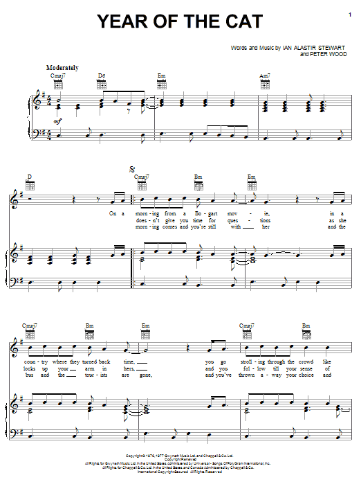 Preview Al Stewart Year Of The Cat Rock sheet music, notes and chords for Piano, Vocal & Guitar (Right-Hand Melody), SKU: 31757 sheet music, piano notes, chords, guitar tabs, score, transpose, transcribe, how to play, guide, download, learn, tutorial, progression, song, artist, awards, billboard, mtv, vh1, tour, single, album, release