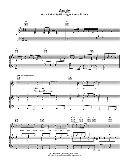 Preview The Rolling Stones Angie Classics sheet music, notes and chords for Piano, Vocal & Guitar (Right-Hand Melody), SKU: 31758 sheet music, piano notes, chords, guitar tabs, score, transpose, transcribe, how to play, guide, download, learn, tutorial, progression, song, artist, awards, billboard, mtv, vh1, tour, single, album, release