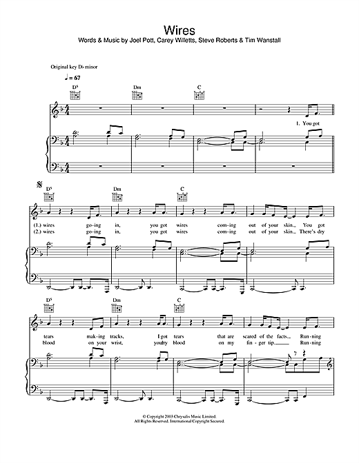 Preview Athlete Wires Rock sheet music, notes and chords for Piano, Vocal & Guitar, SKU: 31759 sheet music, piano notes, chords, guitar tabs, score, transpose, transcribe, how to play, guide, download, learn, tutorial, progression, song, artist, awards, billboard, mtv, vh1, tour, single, album, release