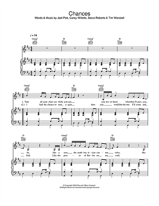 Preview Athlete Chances Rock sheet music, notes and chords for Piano, Vocal & Guitar, SKU: 31760 sheet music, piano notes, chords, guitar tabs, score, transpose, transcribe, how to play, guide, download, learn, tutorial, progression, song, artist, awards, billboard, mtv, vh1, tour, single, album, release