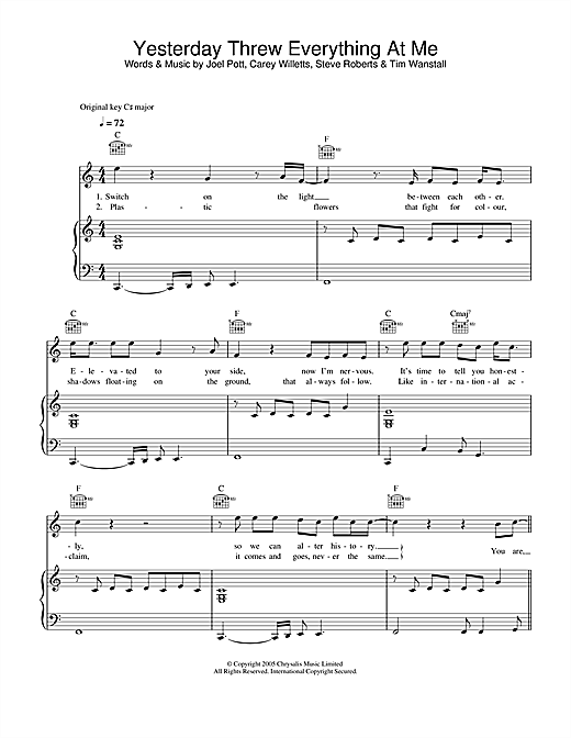 Preview Athlete Yesterday Threw Everything At Me Rock sheet music, notes and chords for Piano, Vocal & Guitar, SKU: 31766 sheet music, piano notes, chords, guitar tabs, score, transpose, transcribe, how to play, guide, download, learn, tutorial, progression, song, artist, awards, billboard, mtv, vh1, tour, single, album, release