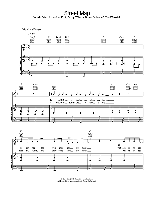 Preview Athlete Street Map Rock sheet music, notes and chords for Piano, Vocal & Guitar, SKU: 31767 sheet music, piano notes, chords, guitar tabs, score, transpose, transcribe, how to play, guide, download, learn, tutorial, progression, song, artist, awards, billboard, mtv, vh1, tour, single, album, release