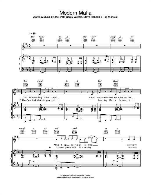 Preview Athlete Modern Mafia Rock sheet music, notes and chords for Piano, Vocal & Guitar, SKU: 31768 sheet music, piano notes, chords, guitar tabs, score, transpose, transcribe, how to play, guide, download, learn, tutorial, progression, song, artist, awards, billboard, mtv, vh1, tour, single, album, release