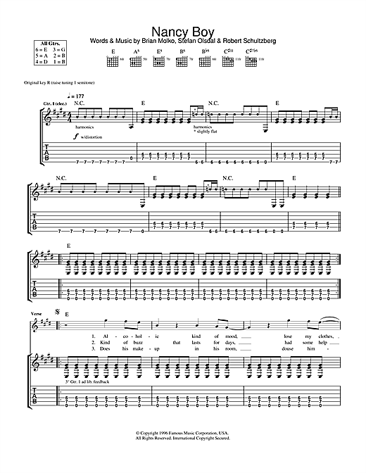 Preview Placebo Nancy Boy Rock sheet music, notes and chords for Guitar Tab, SKU: 31773 sheet music, piano notes, chords, guitar tabs, score, transpose, transcribe, how to play, guide, download, learn, tutorial, progression, song, artist, awards, billboard, mtv, vh1, tour, single, album, release