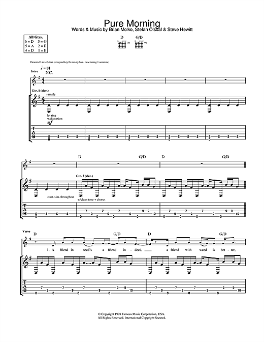 Preview Placebo Pure Morning Rock sheet music, notes and chords for Guitar Tab, SKU: 31774 sheet music, piano notes, chords, guitar tabs, score, transpose, transcribe, how to play, guide, download, learn, tutorial, progression, song, artist, awards, billboard, mtv, vh1, tour, single, album, release
