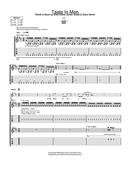 Preview Placebo Taste In Men Rock sheet music, notes and chords for Guitar Tab, SKU: 31776 sheet music, piano notes, chords, guitar tabs, score, transpose, transcribe, how to play, guide, download, learn, tutorial, progression, song, artist, awards, billboard, mtv, vh1, tour, single, album, release