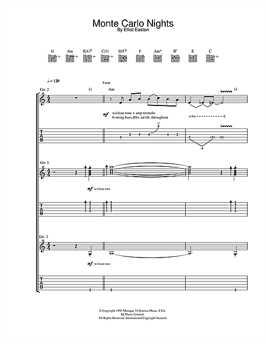 Preview Elliot Easton Monte Carlo Nights (from Jackie Brown) Rock sheet music, notes and chords for Guitar Tab, SKU: 31777 sheet music, piano notes, chords, guitar tabs, score, transpose, transcribe, how to play, guide, download, learn, tutorial, progression, song, artist, awards, billboard, mtv, vh1, tour, single, album, release