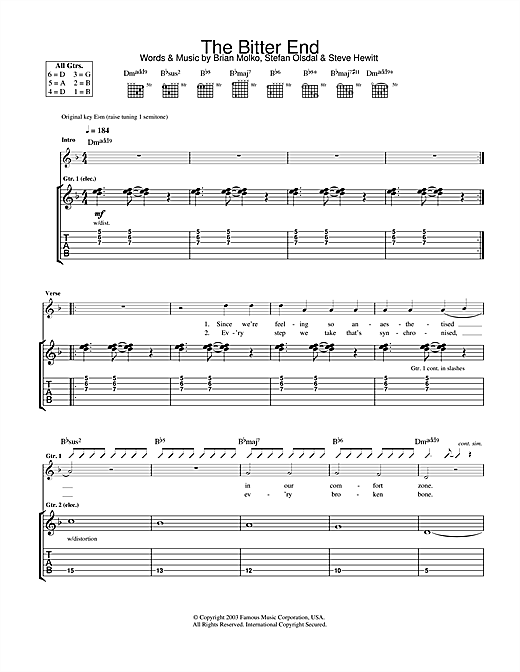 Preview Placebo The Bitter End Rock sheet music, notes and chords for Guitar Tab, SKU: 31779 sheet music, piano notes, chords, guitar tabs, score, transpose, transcribe, how to play, guide, download, learn, tutorial, progression, song, artist, awards, billboard, mtv, vh1, tour, single, album, release